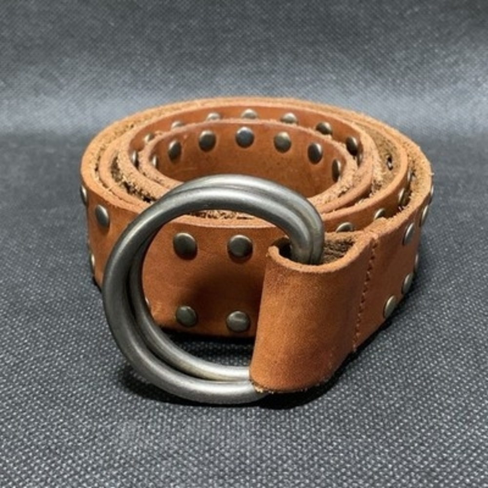 Women's Brown Studded Leather Belt Double D-Ring Buckle Gap Size S